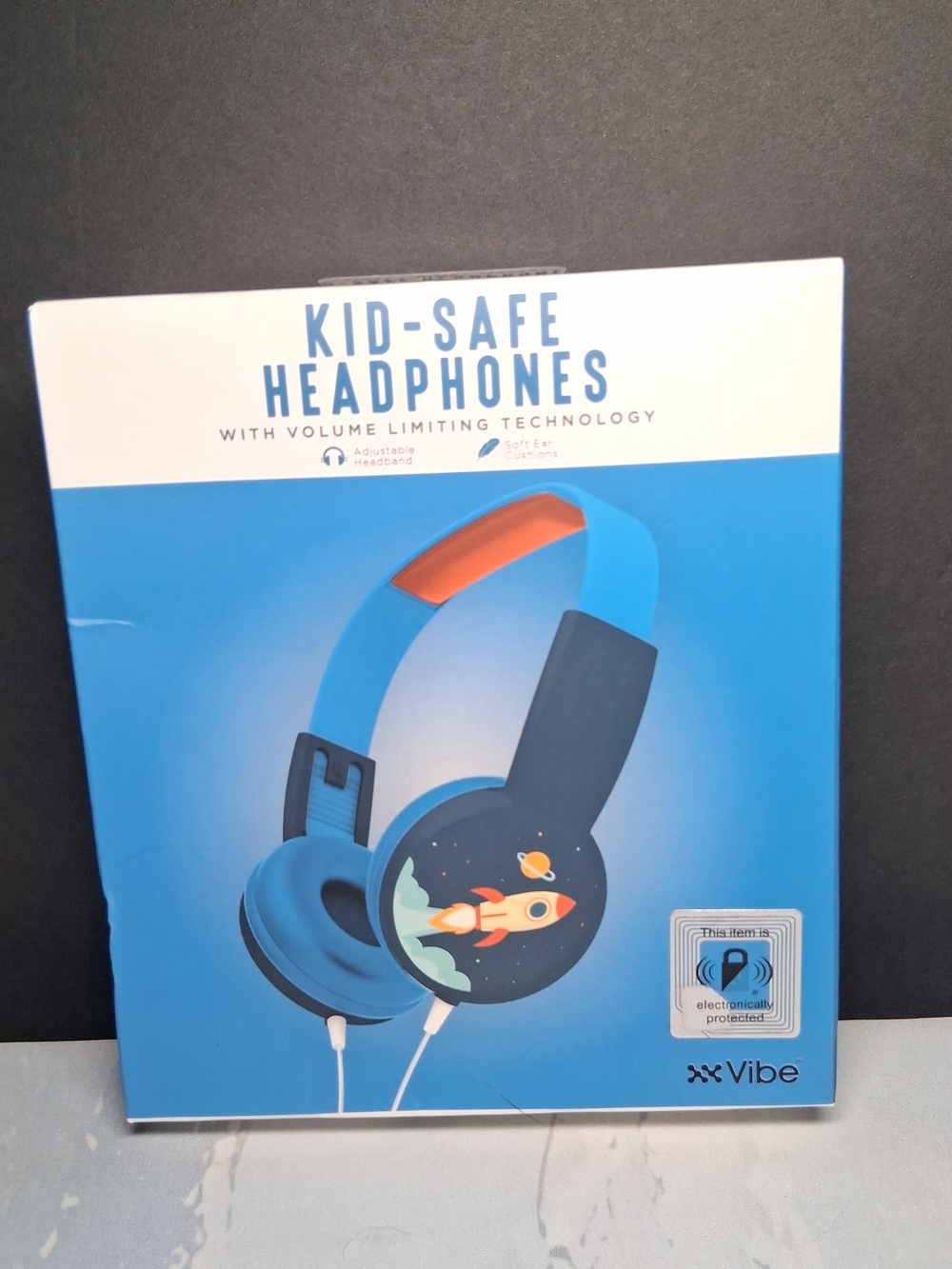 Vibe Kids Headphones dark & light blue volume limiting technology rocket